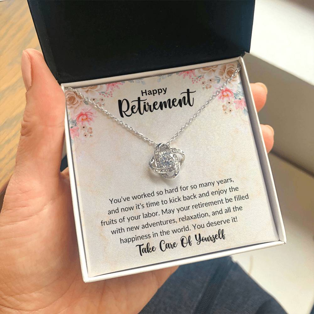 Retirement Gifts for Women Necklace, Farewell Gifts, Best Retirement Gifts Ideas, 14K White Gold Plated Cubic Zirconia Love Knot