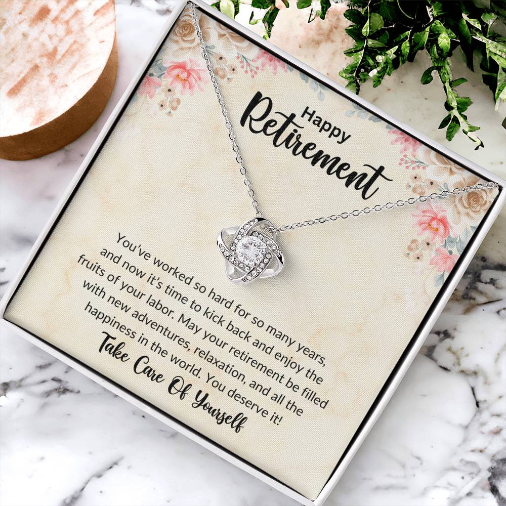 Retirement Gifts for Women Necklace, Farewell Gifts, Best Retirement Gifts Ideas, 14K White Gold Plated Cubic Zirconia Love Knot